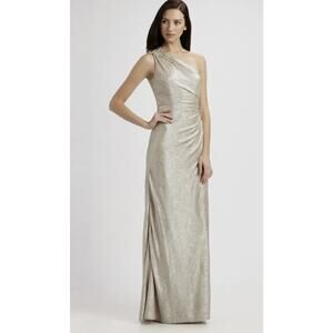 David Meister Matelasse Gold Metallic One-Shoulder Dress
